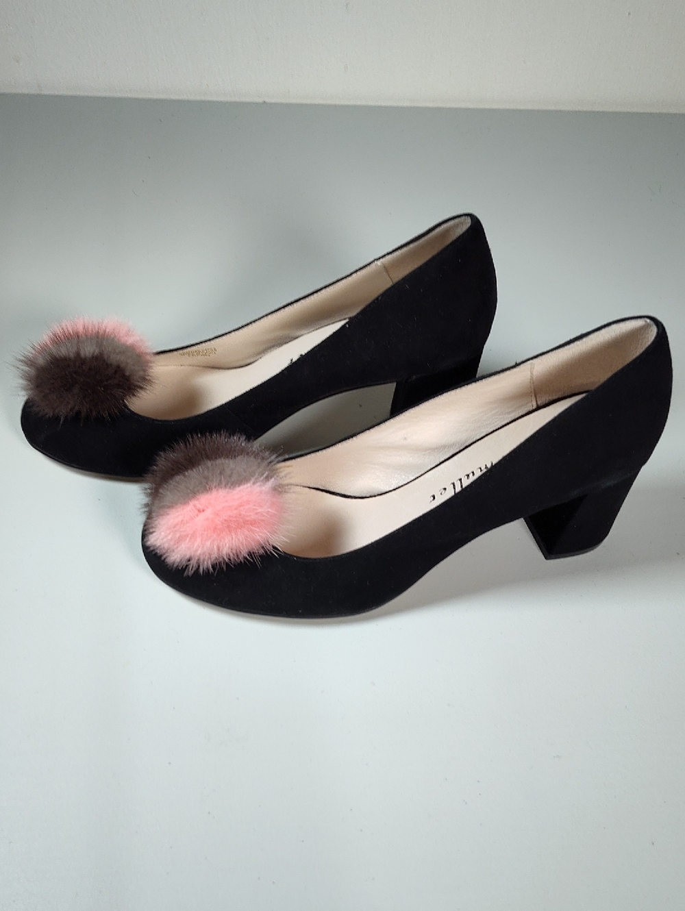Bettye Muller black suede mink pom pom block heel pumps 9.5